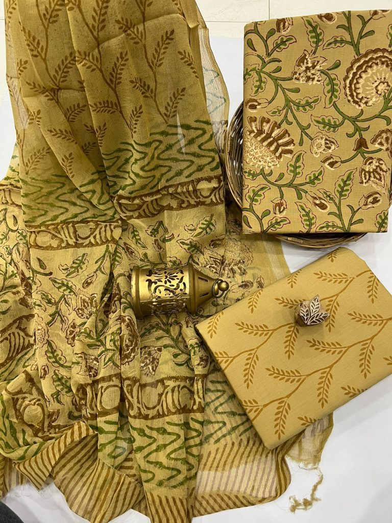 Camel yellow gold print block printed cotton salwar kameez online
