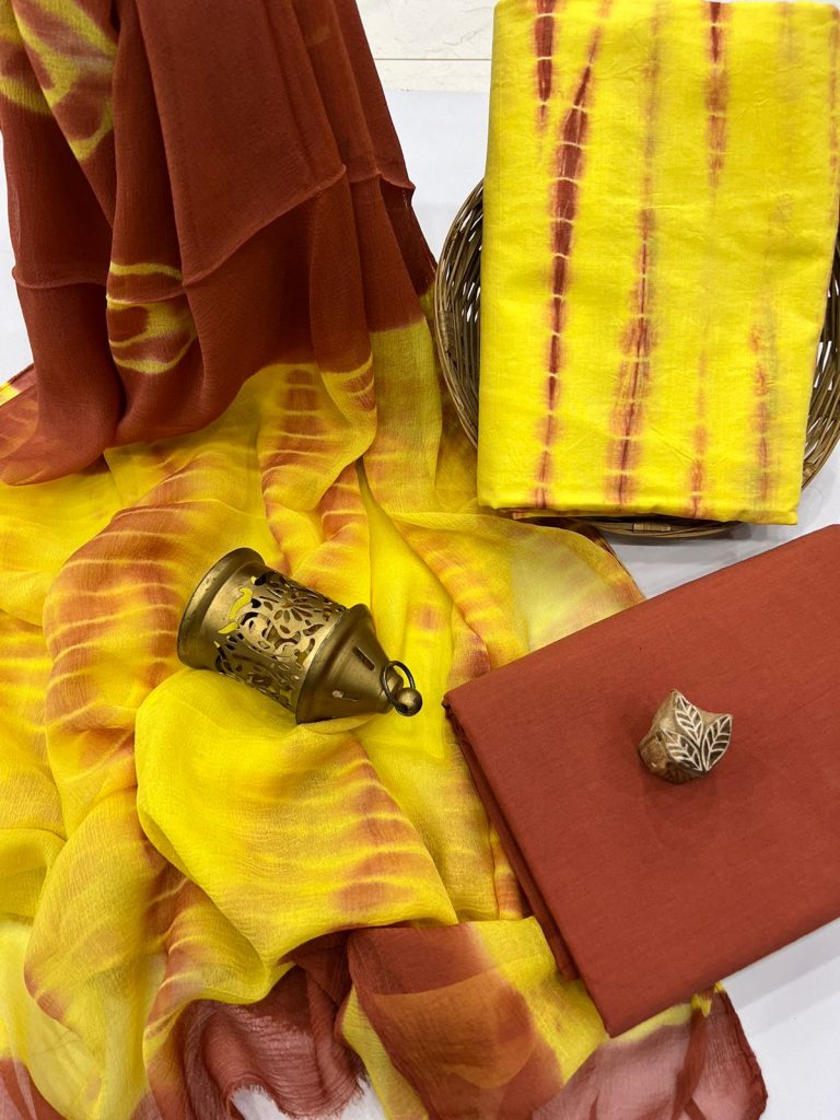 Brownish Red and yellow shibori print suits wholesale