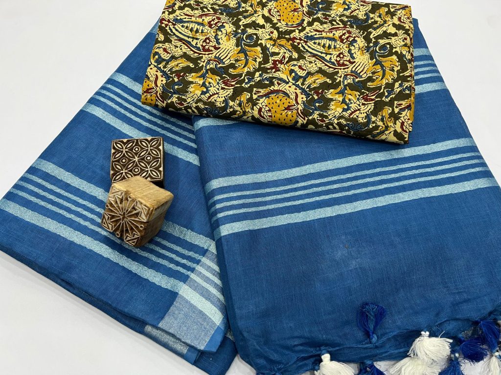 Azure blue plain linen sarees