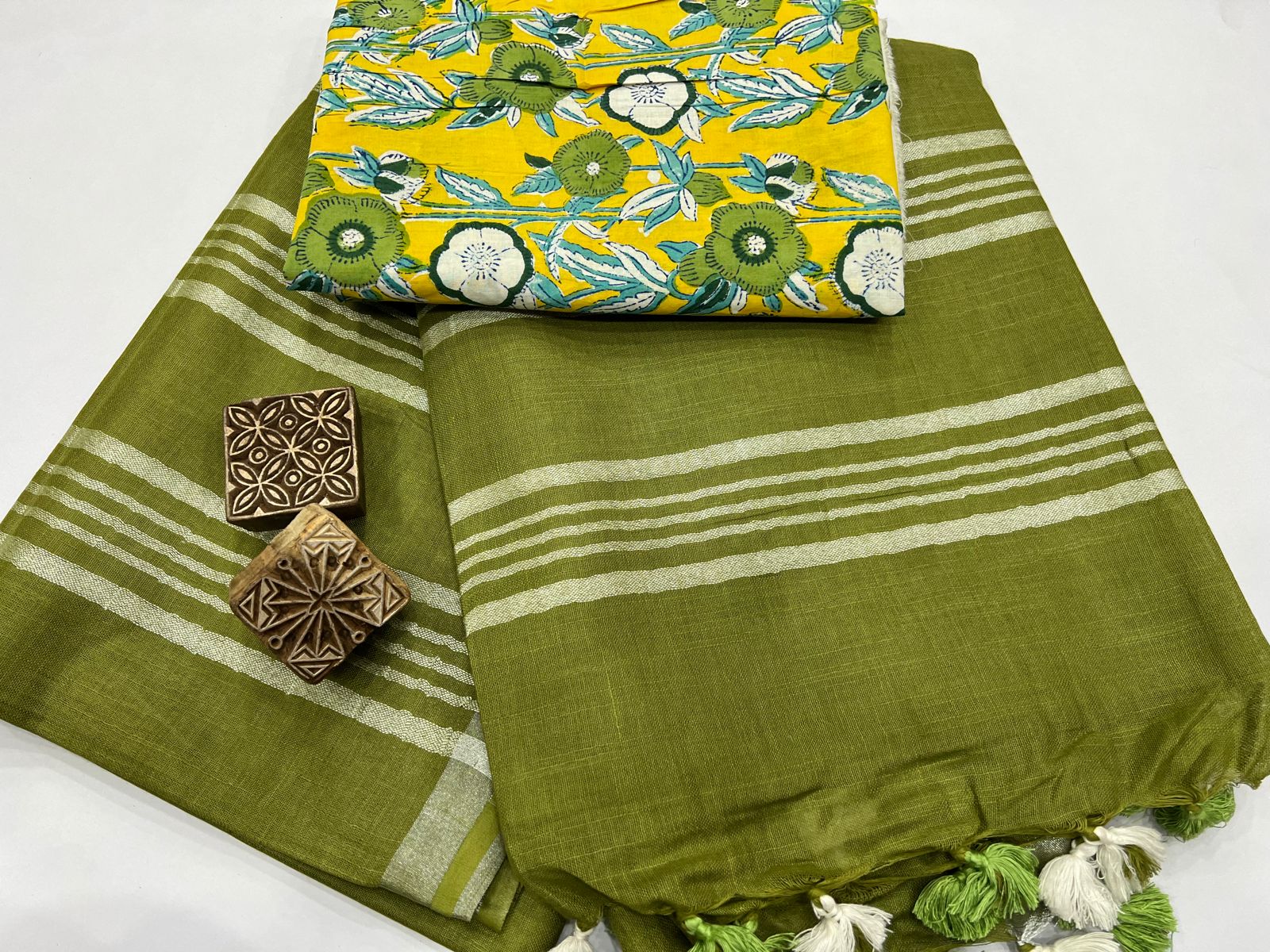Olive green linen sarees with price
