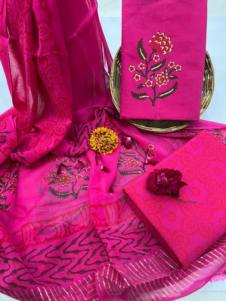 Deep Cerise pink block print salwar suits online with chiffon dupatta