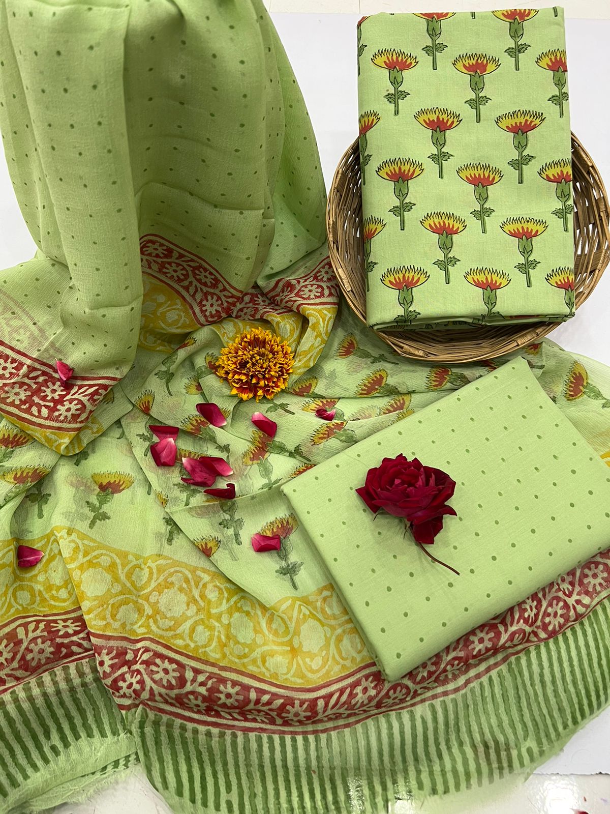 Primrose green indian block print salwar kameez