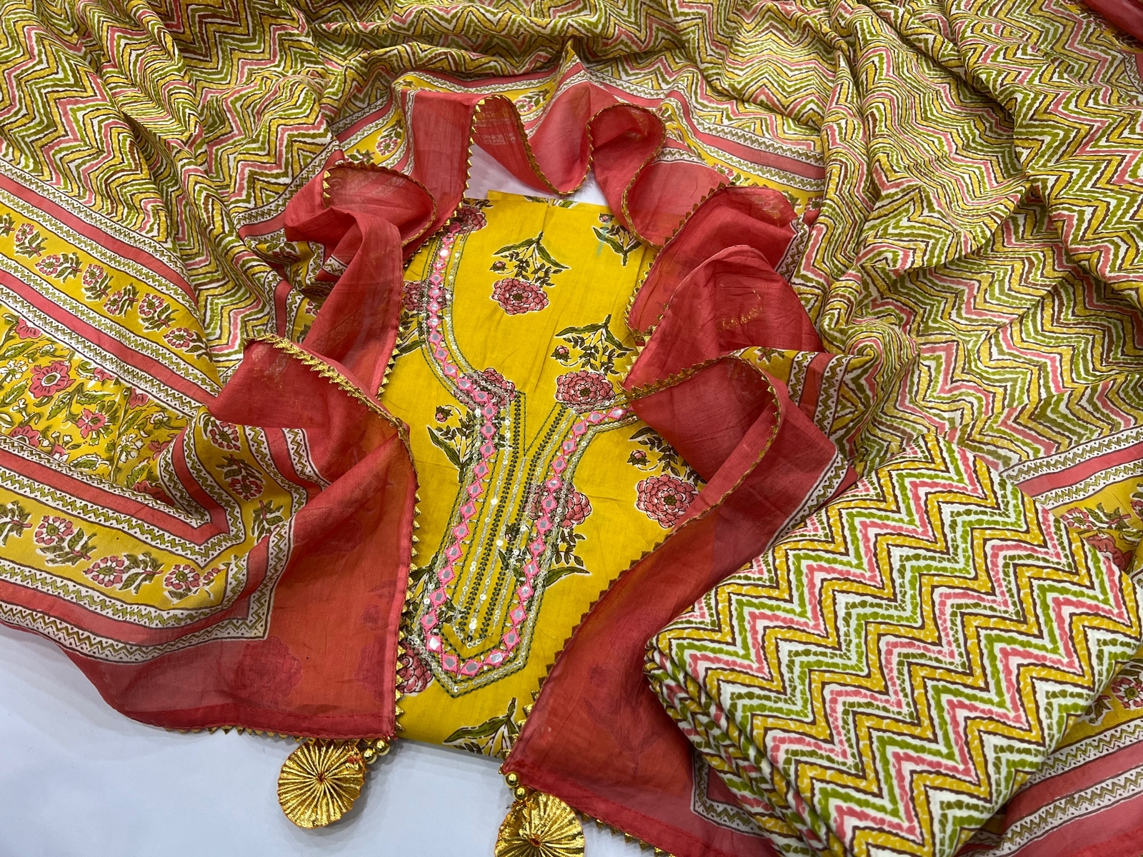 Golden yellow new party wear dress with cotton dupatta