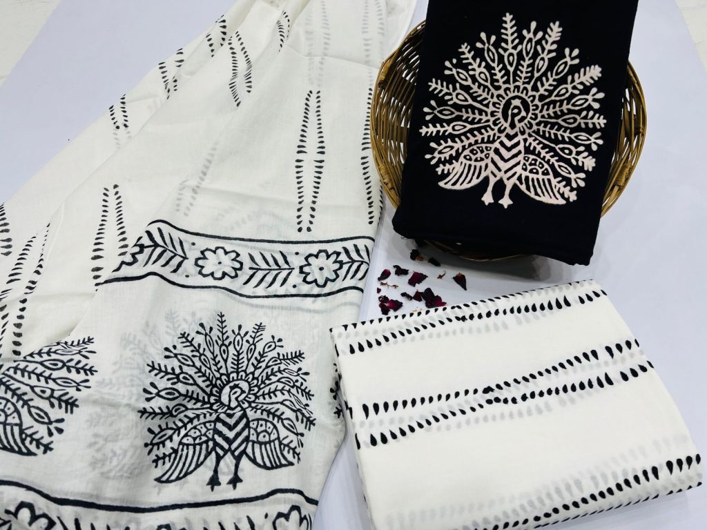 White and black hand block print cotton suits with mulmul dupatta