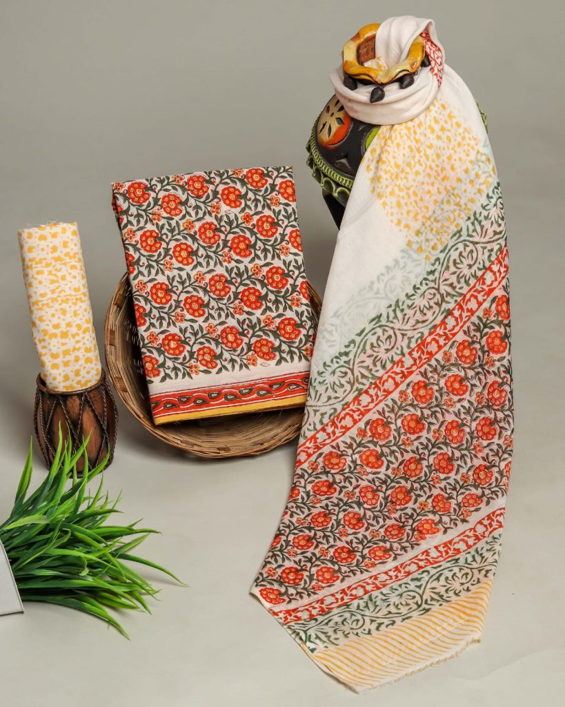 Amaranth floral print suit cotton material online with mulmul dupatta