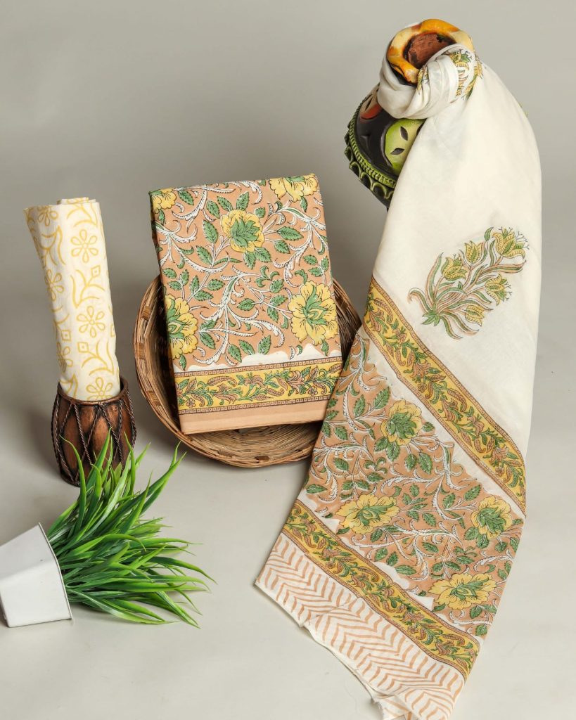 Bronze and off white beige color floral print cotton latest dresses for ladies with mulmul dupatta