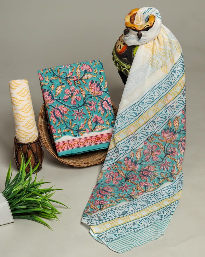Jungle green kalamkari print cotton dress materials online with mulmul dupatta