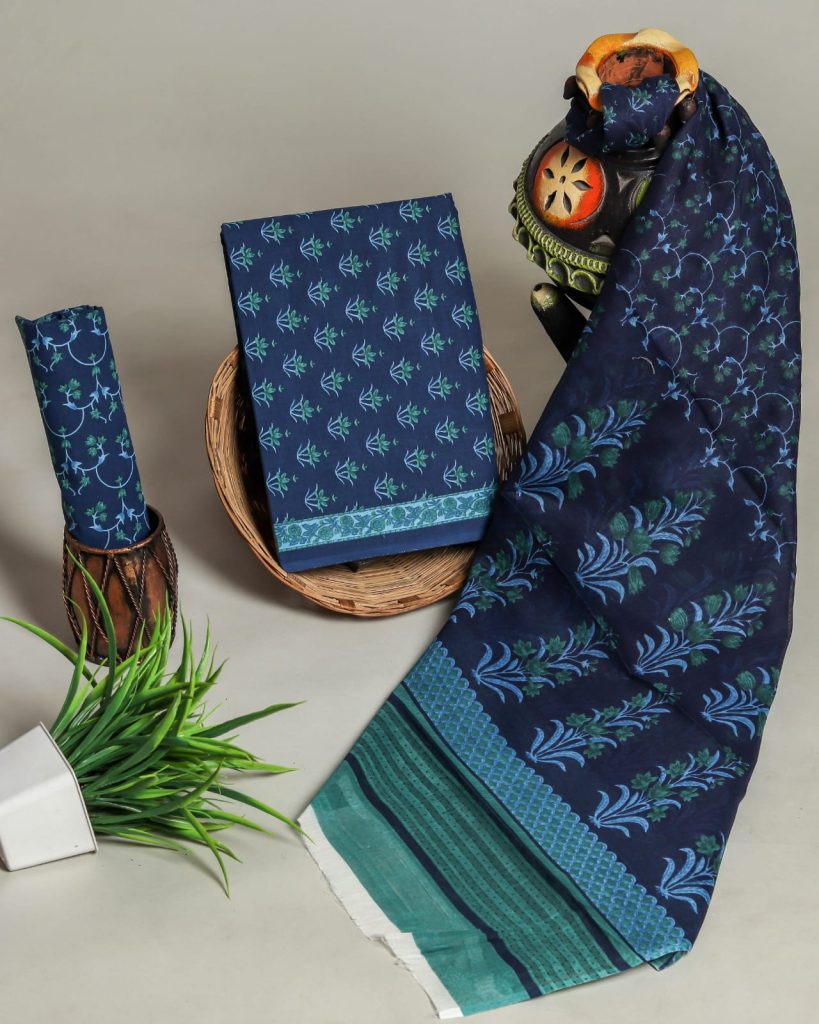Persian blue salwar suit cotton fabric online with cotton dupatta