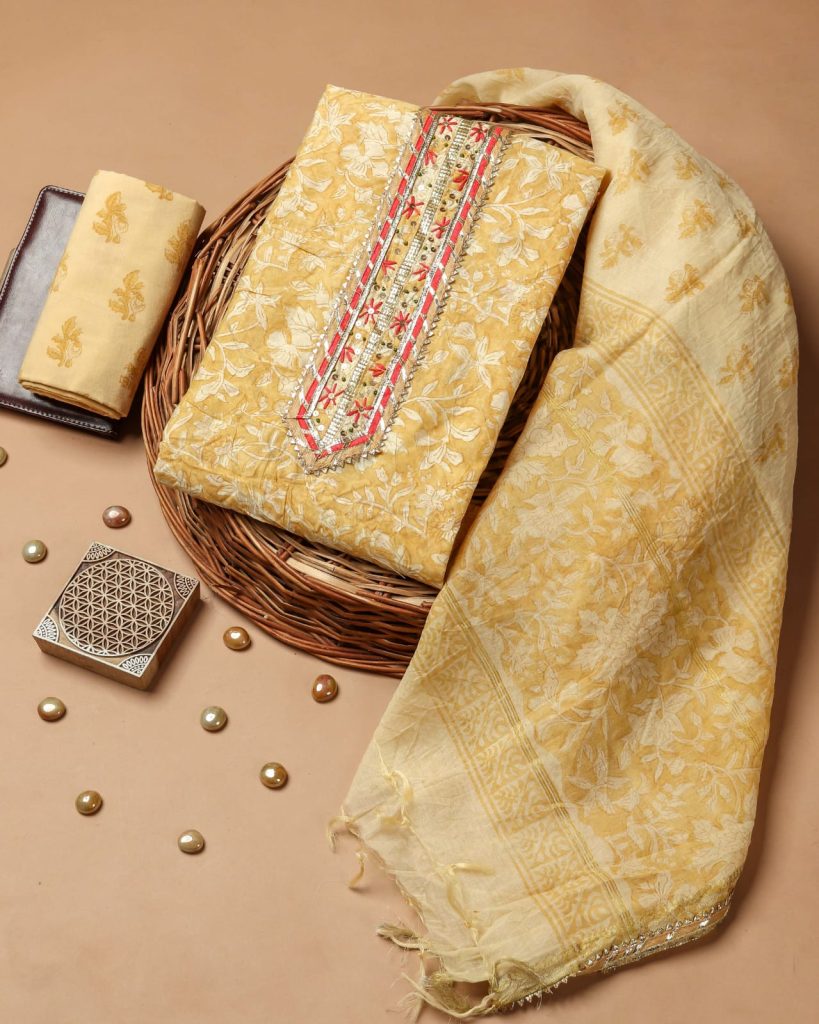 Amber yellow chanderi cotton unstitched suits party wear
