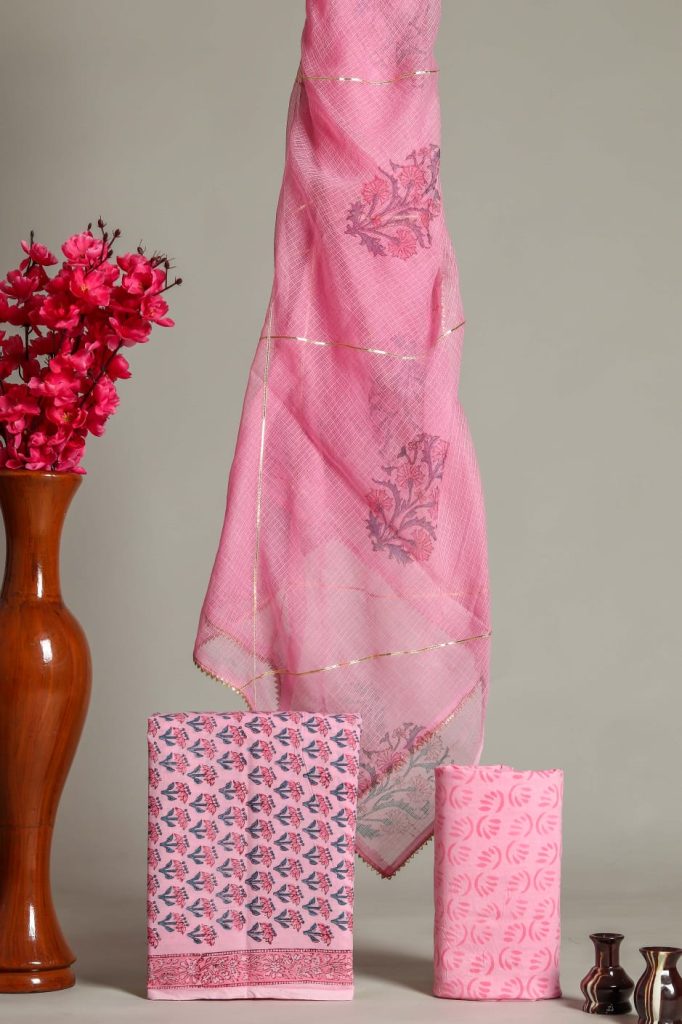 Rose pink all over block printed party wear cotton suit