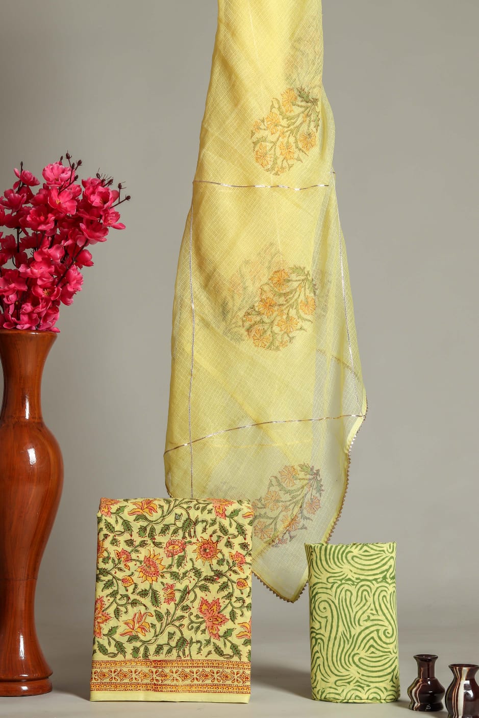 Yellow floral block printed party wear cotton suits online