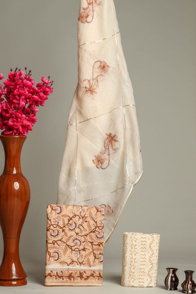 Bronze block printed cotton salwar kameez for office wear