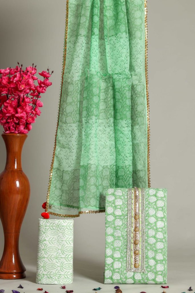 Emerald green gota embroidery party wear cotton dress material