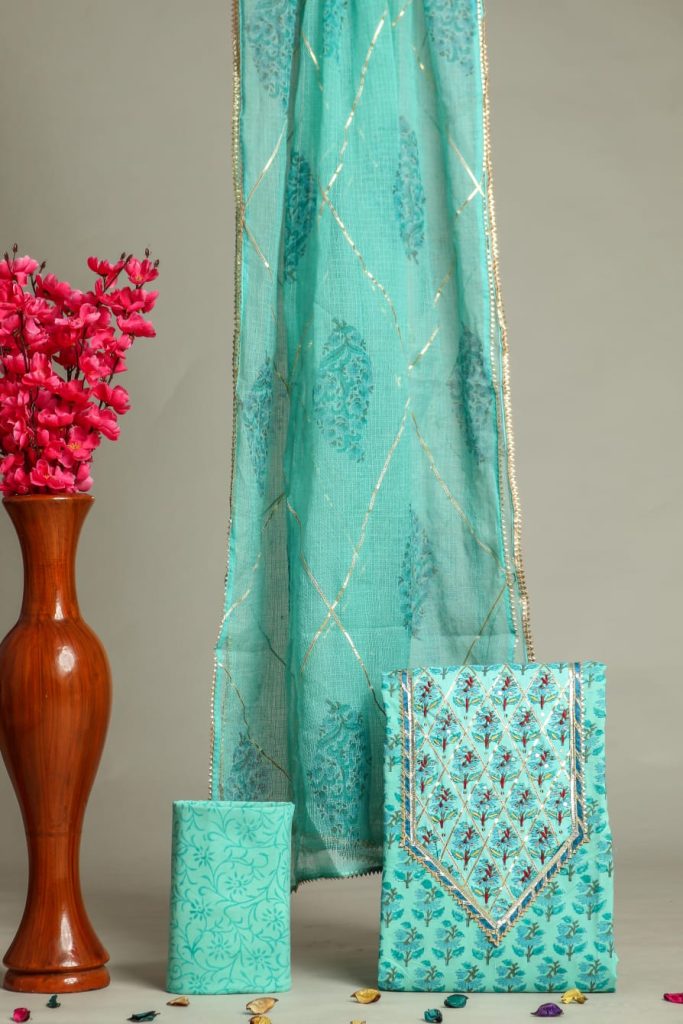 Turquoise green cotton simple gota patti suits
