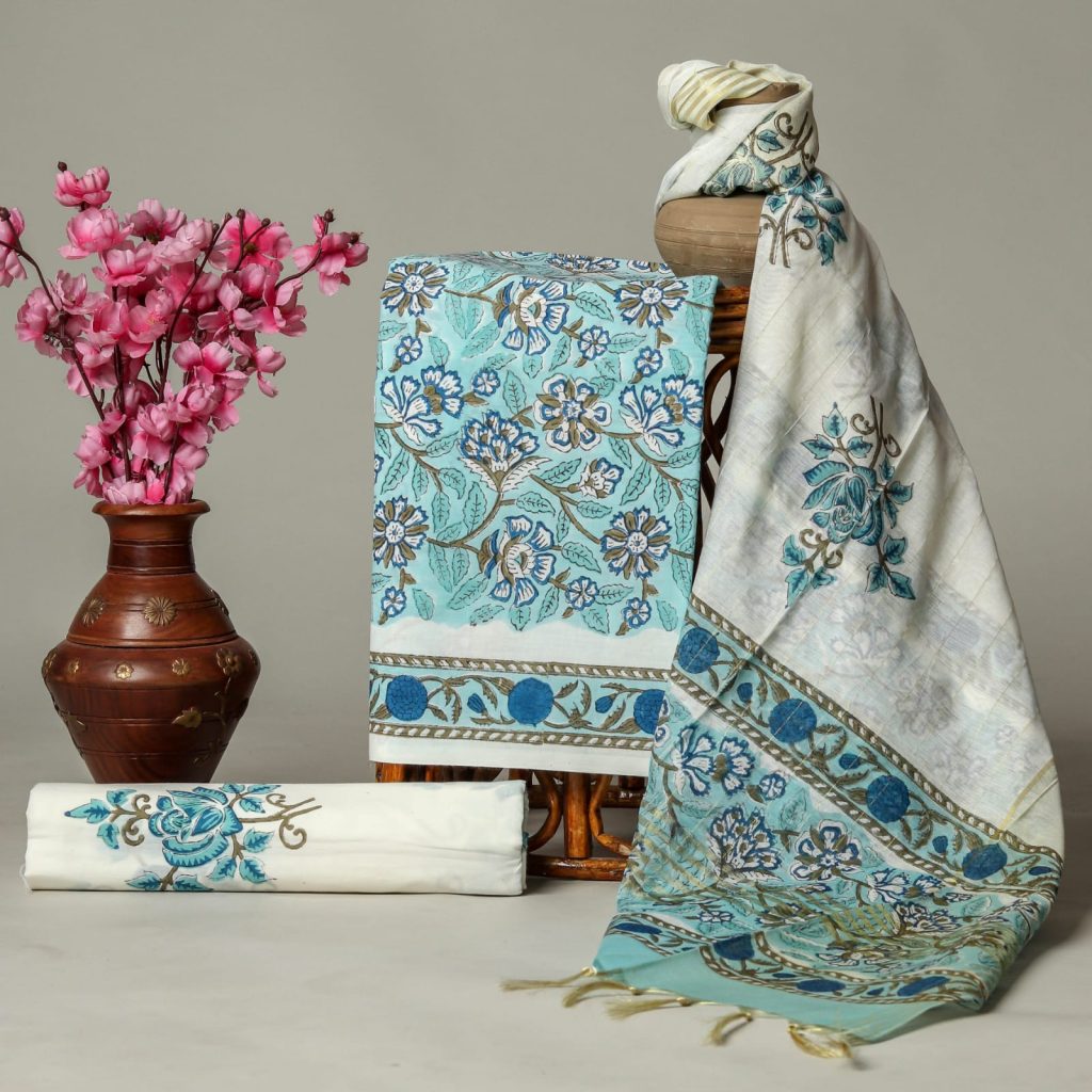Electric blue cotton dress materials with chanderi cotton dupatta
