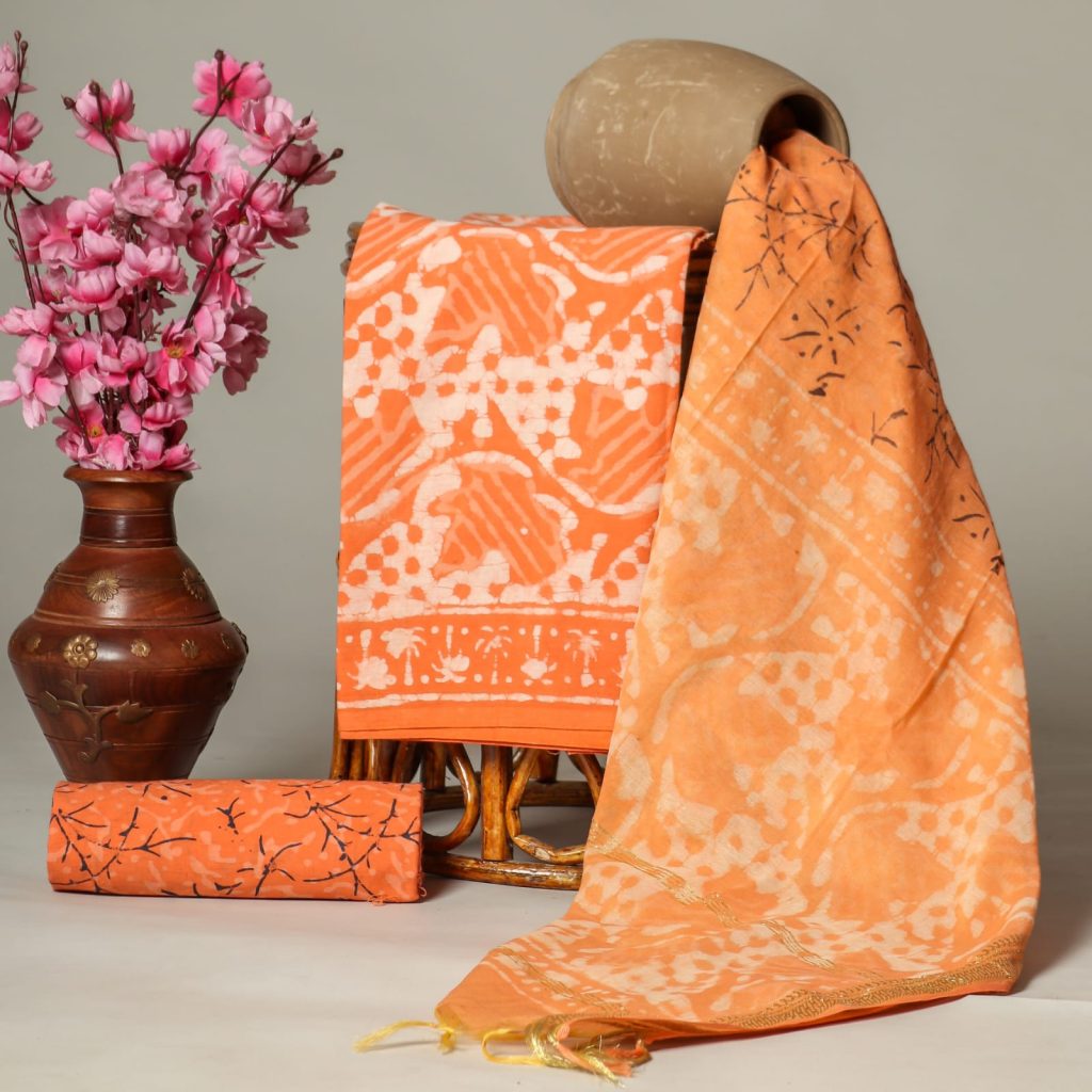 Orange dabu print cotton formal salwar suits for office wear with chanderi cotton dupatta