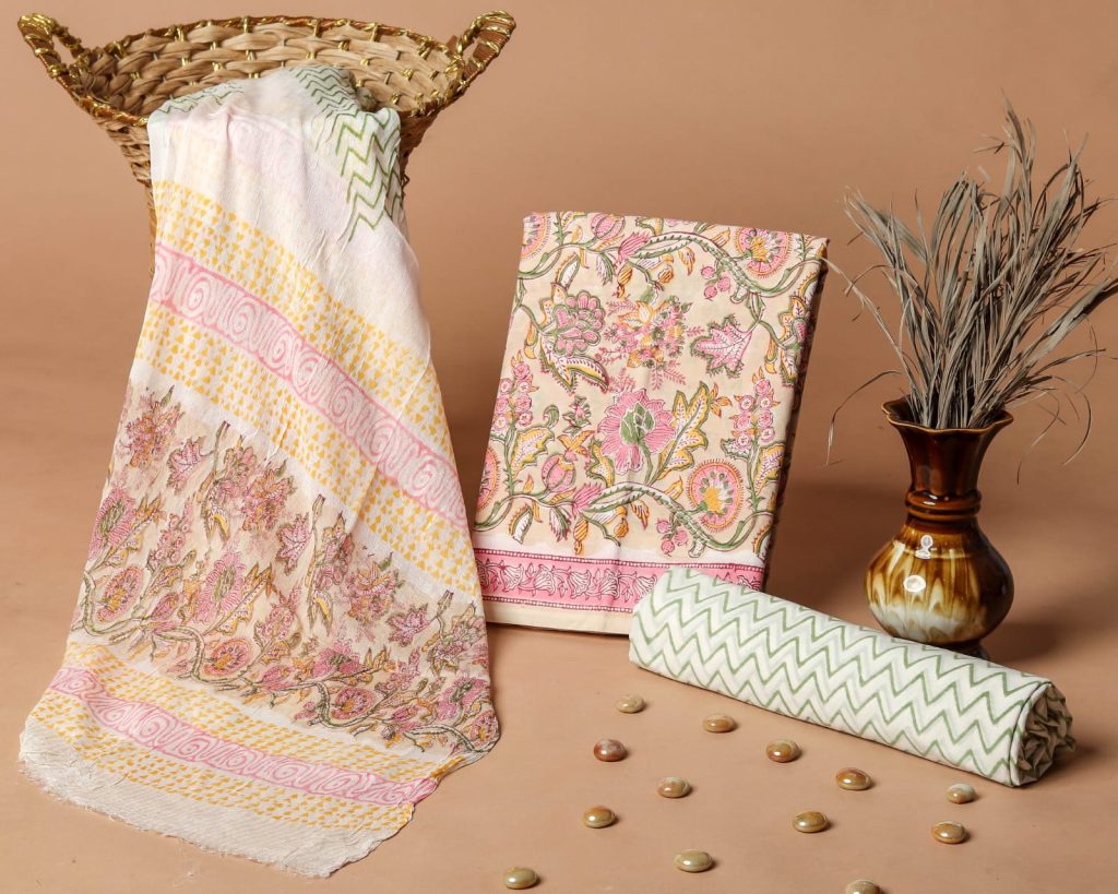 Apricot cotton fabric online with chiffon dupatta