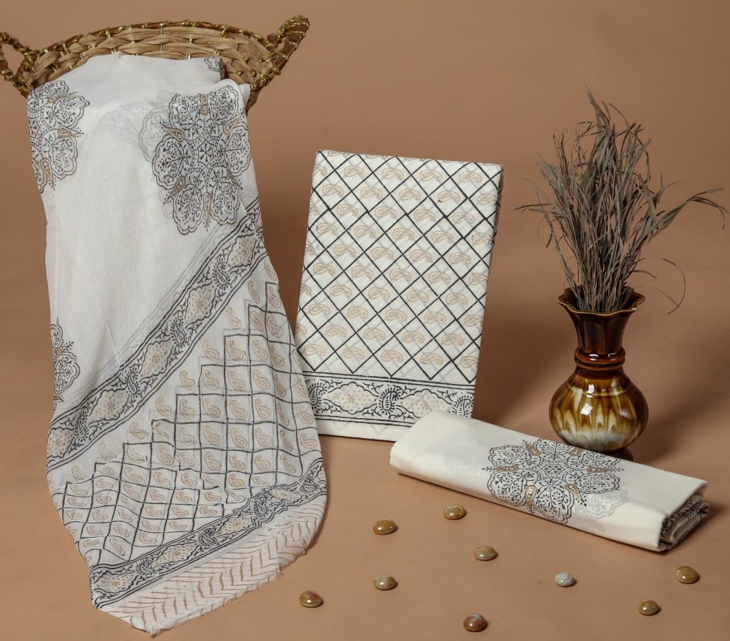 Cotton white traditional dress for women with chiffon dupatta