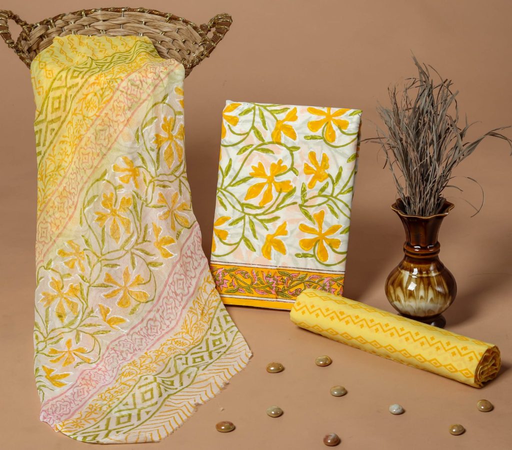 Cotton yellow summer suits for women with chiffon dupatta