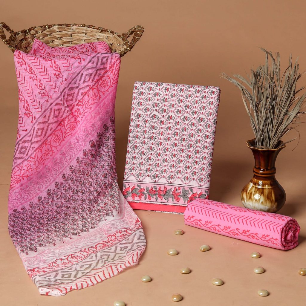 Pink cotton fabric material with chiffon dupatta