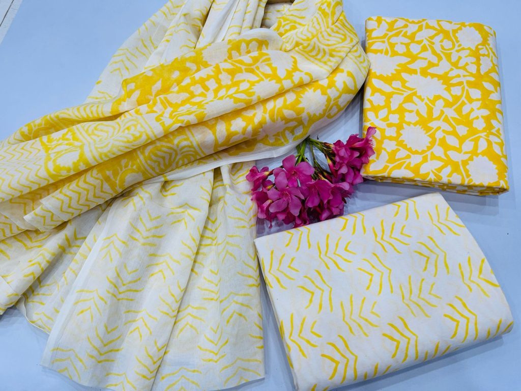 Dark Yellow cotton suits online with mulmul dupatta