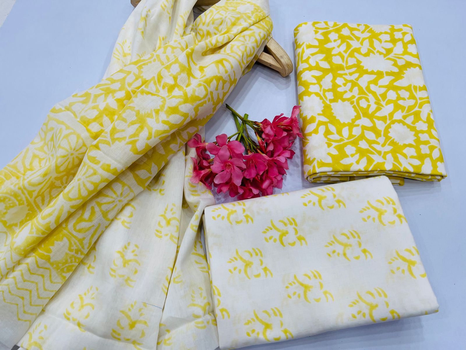 Mustard Yellow cotton fabric online with mulmul dupatta