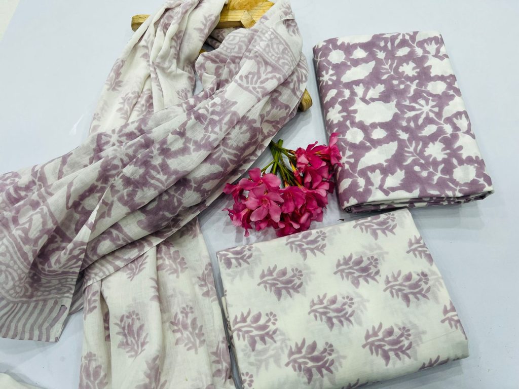 Purple Grey cotton dress materials online shopping with mulmul dupatta