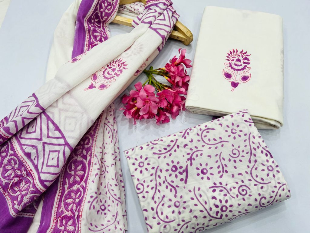 Warm Purple and white mugal print cotton 3 piece suits