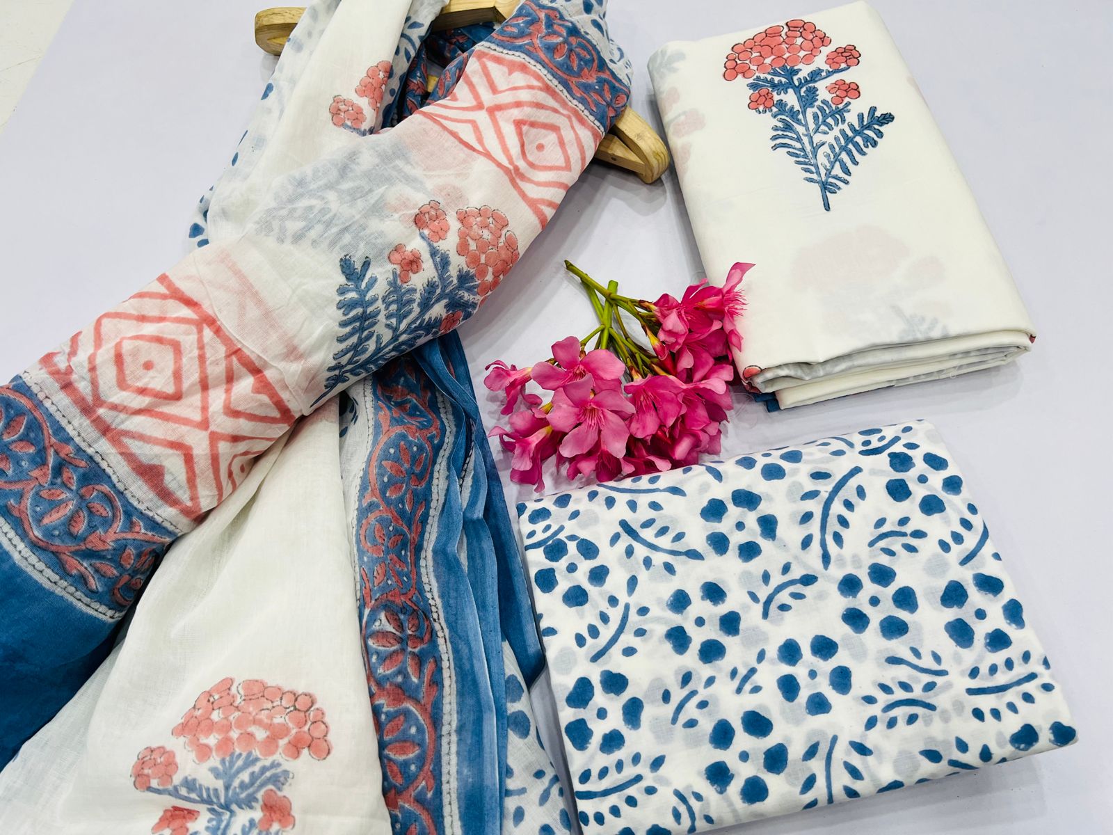 White and Deep Sea Blue mugal print cotton salwar suit online shopping
