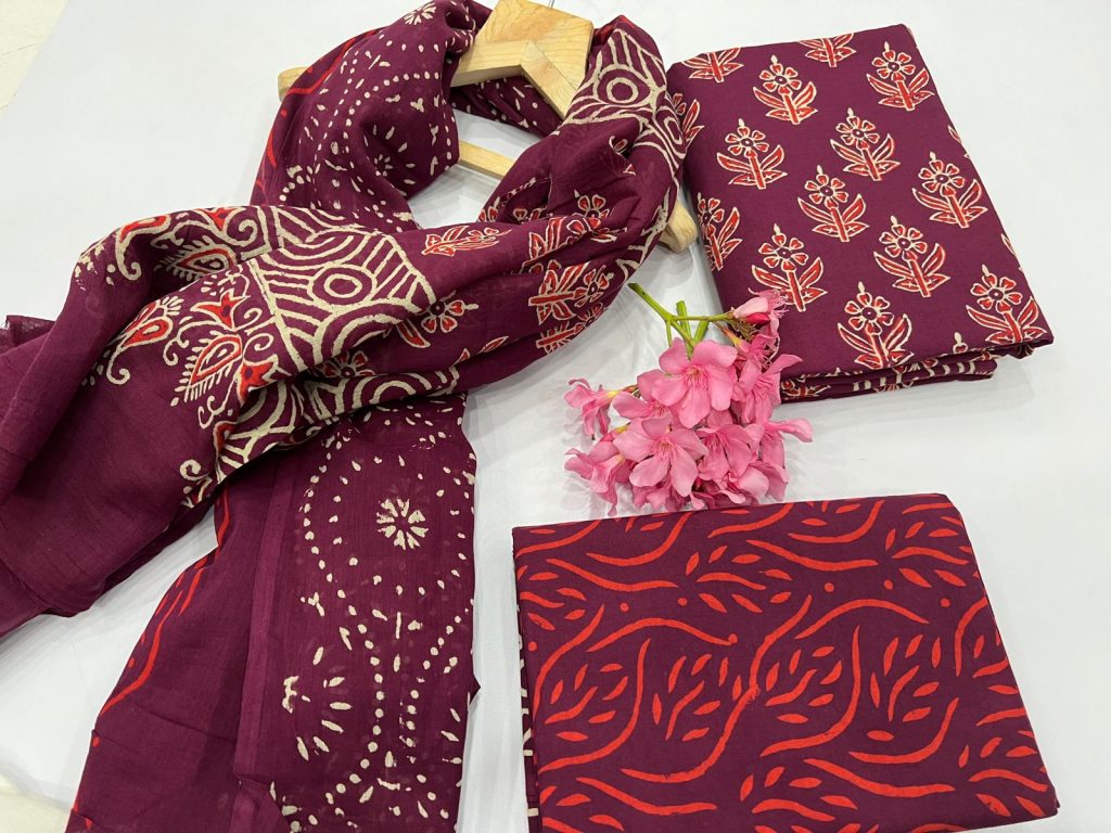 Wine bagru print cotton unstitched suit for ladies