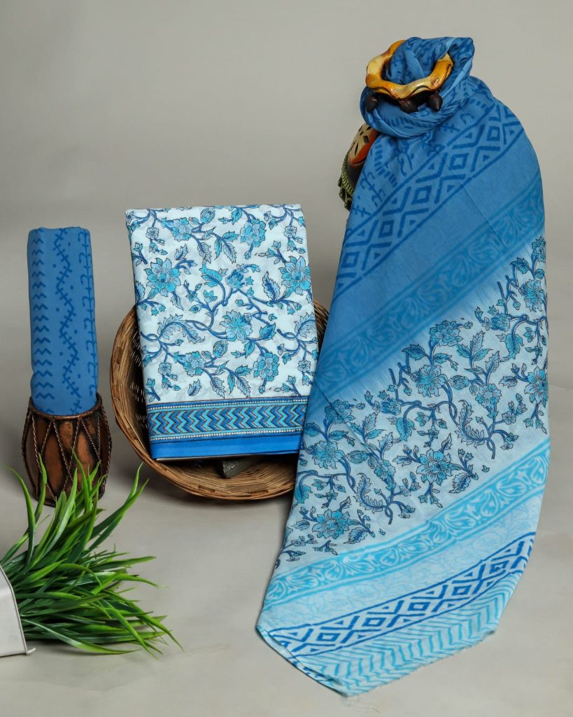 Azure and baby blue hand block printed cotton new model dress with cotton dupatta