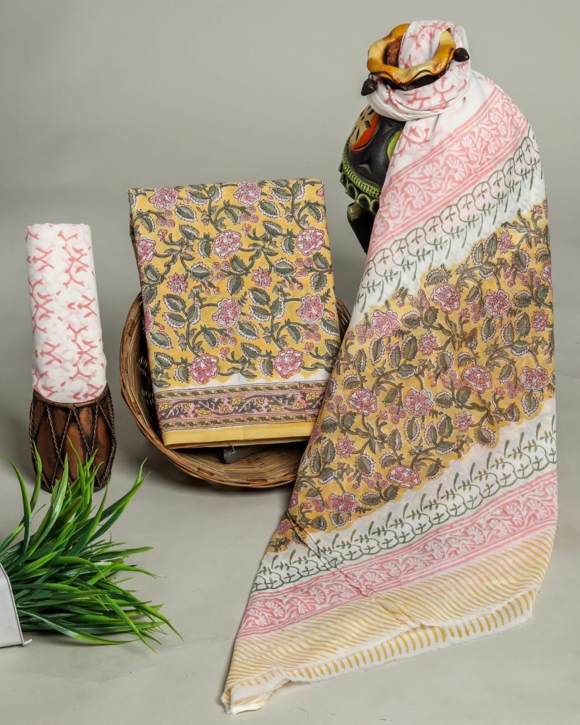 Desert yellow cotton floral block print suits design with mulmul dupatta