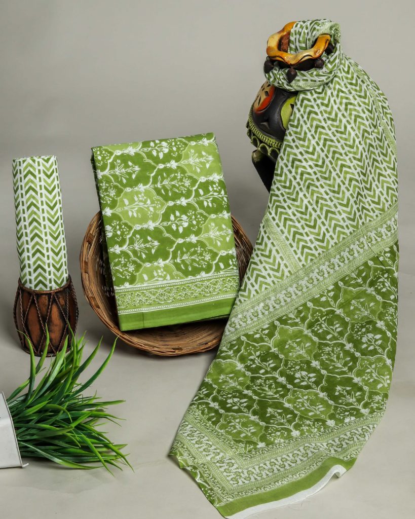 Olive Drab green cotton block print suit set with mulmul dupatta