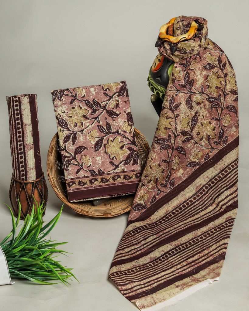 Pinkish Brown and naswari color cotton hand block print suit