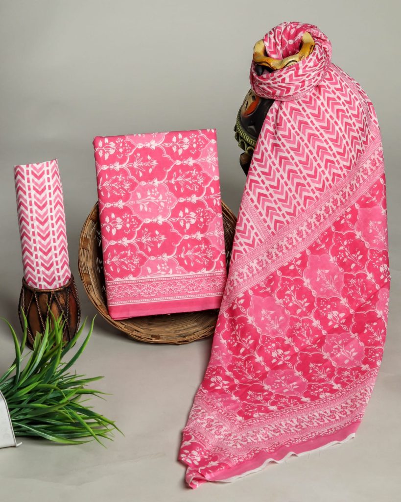 Warm Pink mulmul dupatta block print suits with price
