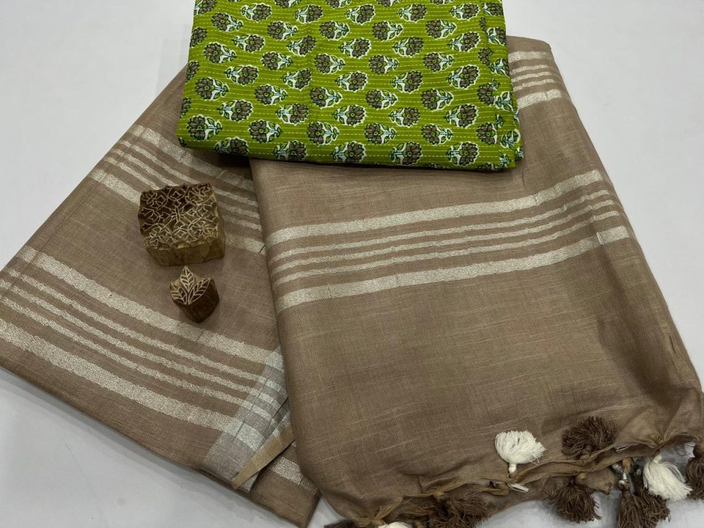 Soya Bean color plain linen new saree collection