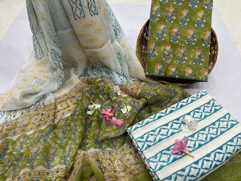 Apple green unstitched block print salwar suits online