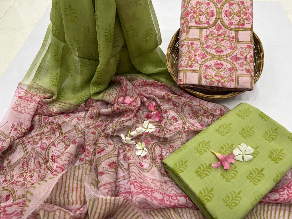 Blush pink and apple green chiffon dupatta block print suit material