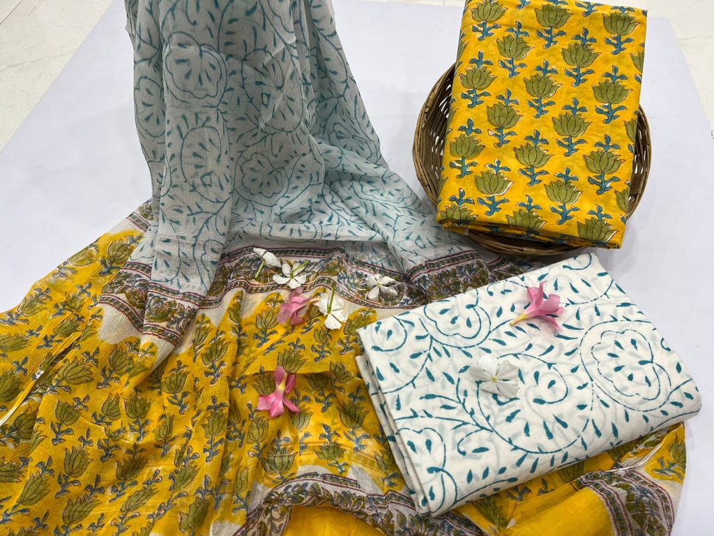 Gold yellow chiffon dupatta block print suits buy online
