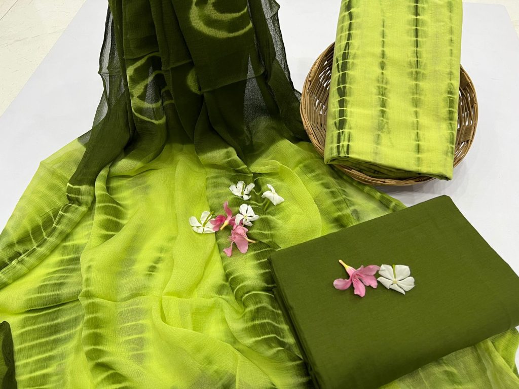 Lime green shibori print unstitched block print punjabi suit