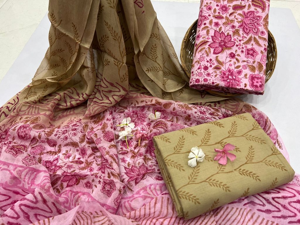 Pink and copper chiffon dupatta jaipuri block print suit