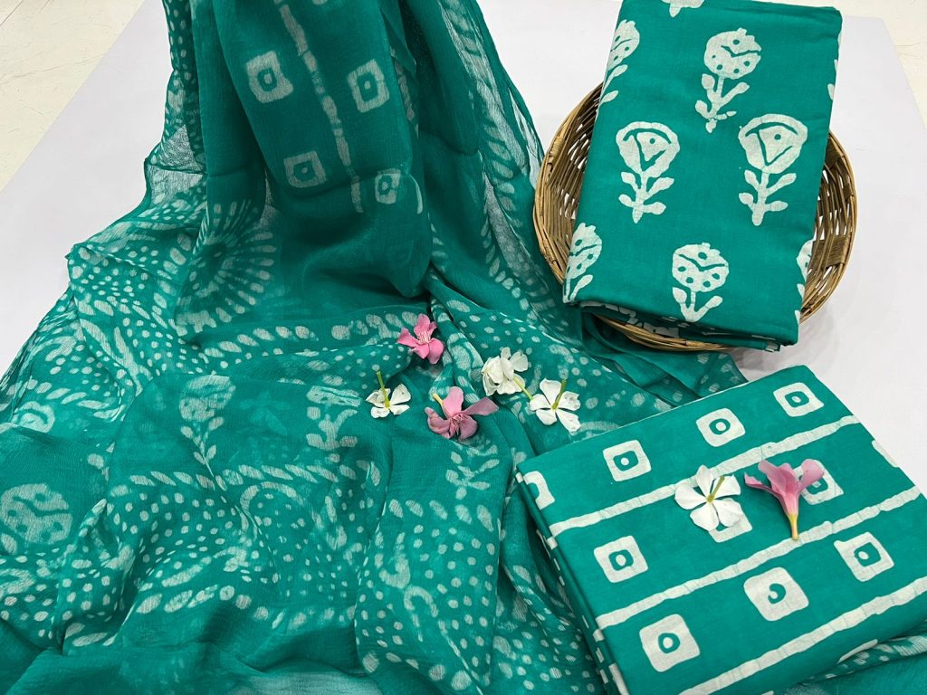 Teal green discharge print block printed cotton salwar kameez online