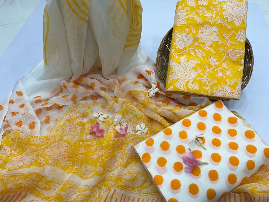 Yellow chiffon dupatta hand printed suits online india