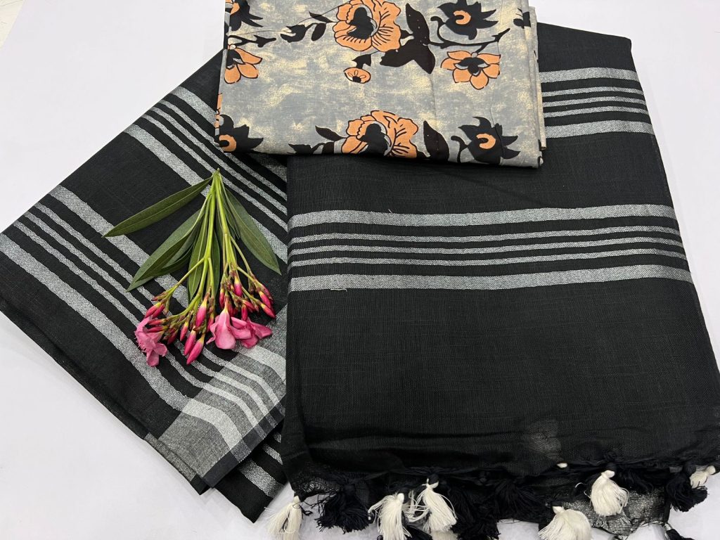 Black plain linen sarees with printed blouse
