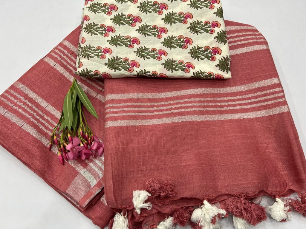 Gaajari red brown linen cotton sarees
