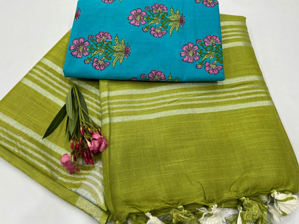 Olive green pure linen tissue sarees