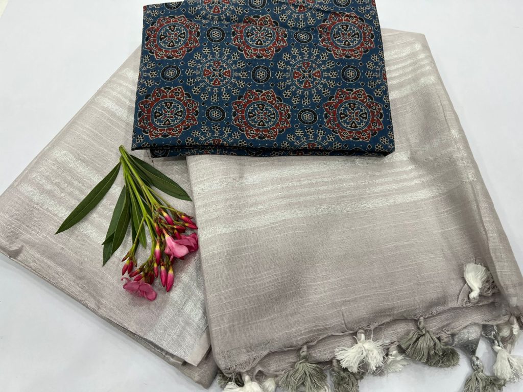 Plain lite gray cotton linen sarees
