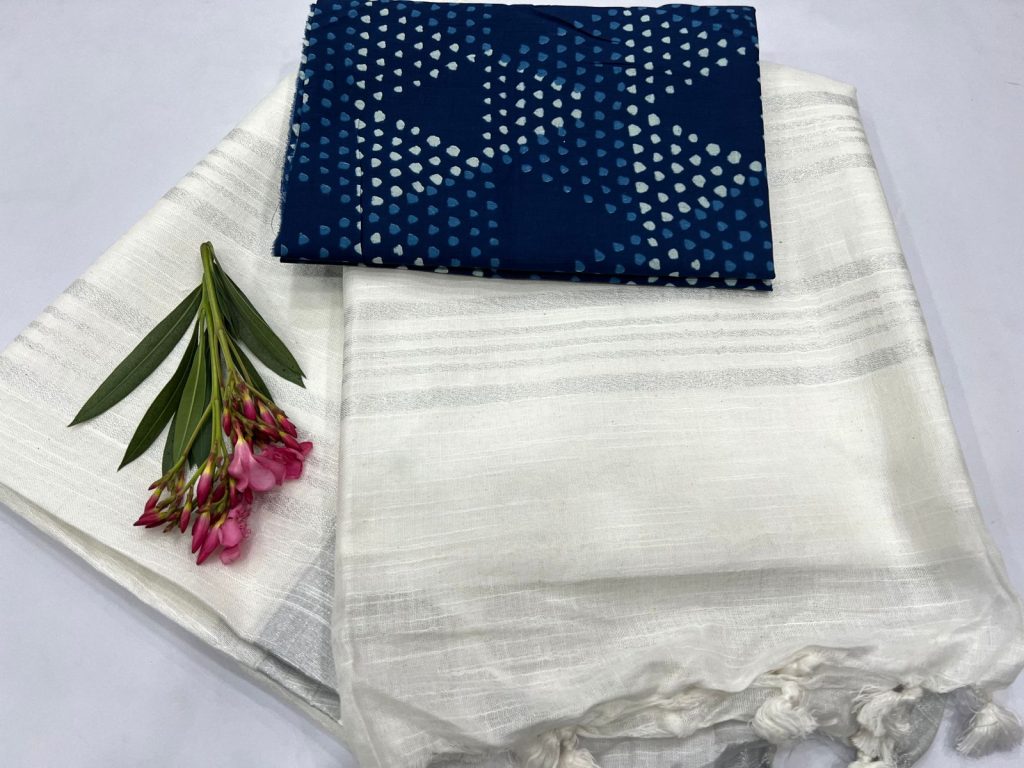 White saree linen with blue printed blouse