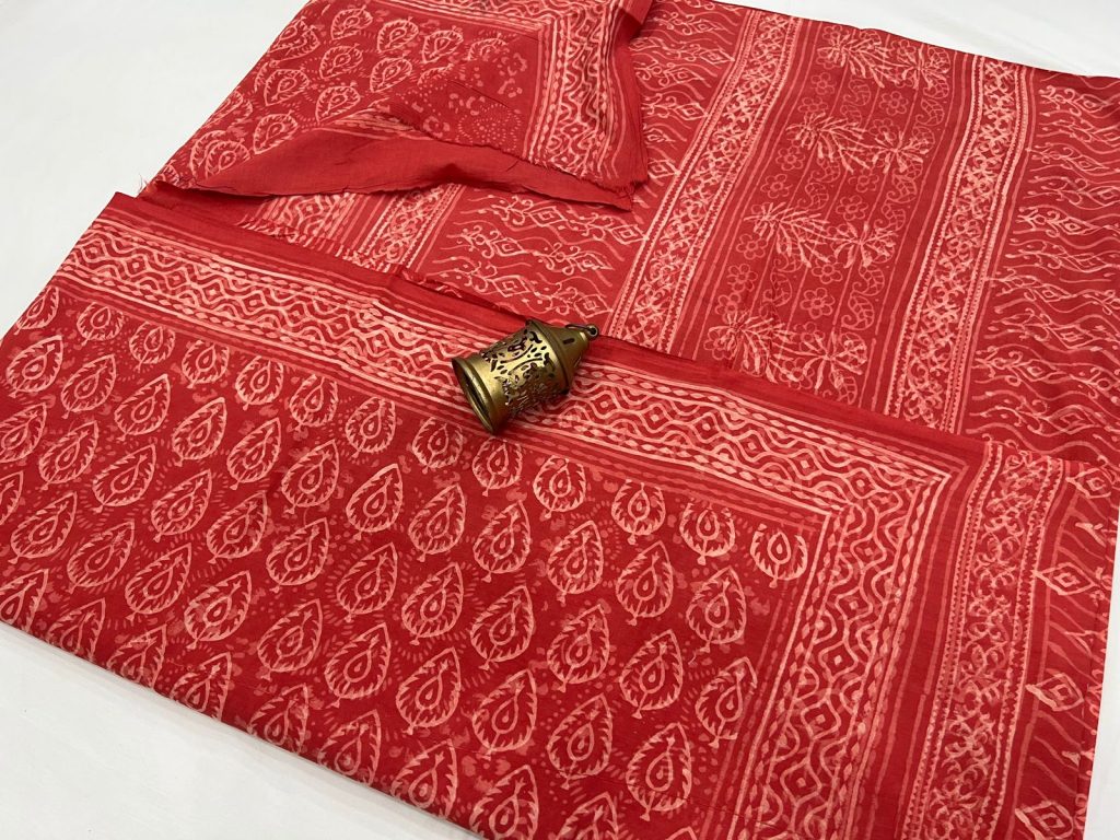 Amaranth block print soft pure cotton sarees