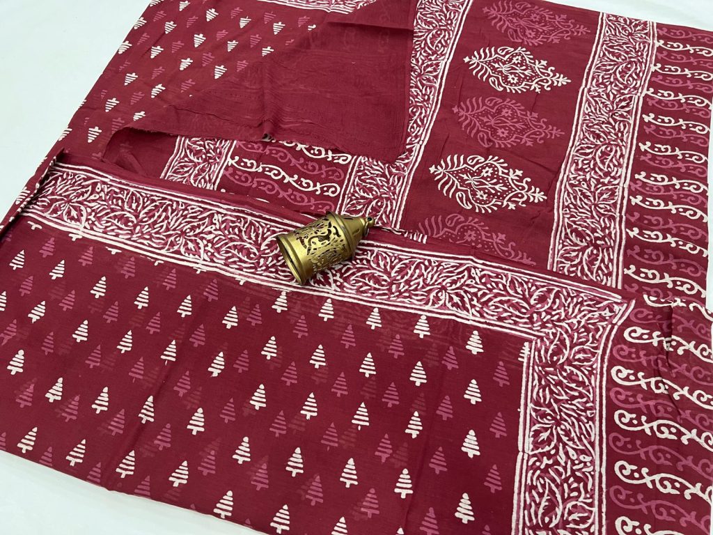 Maroon cotton block print new design saree